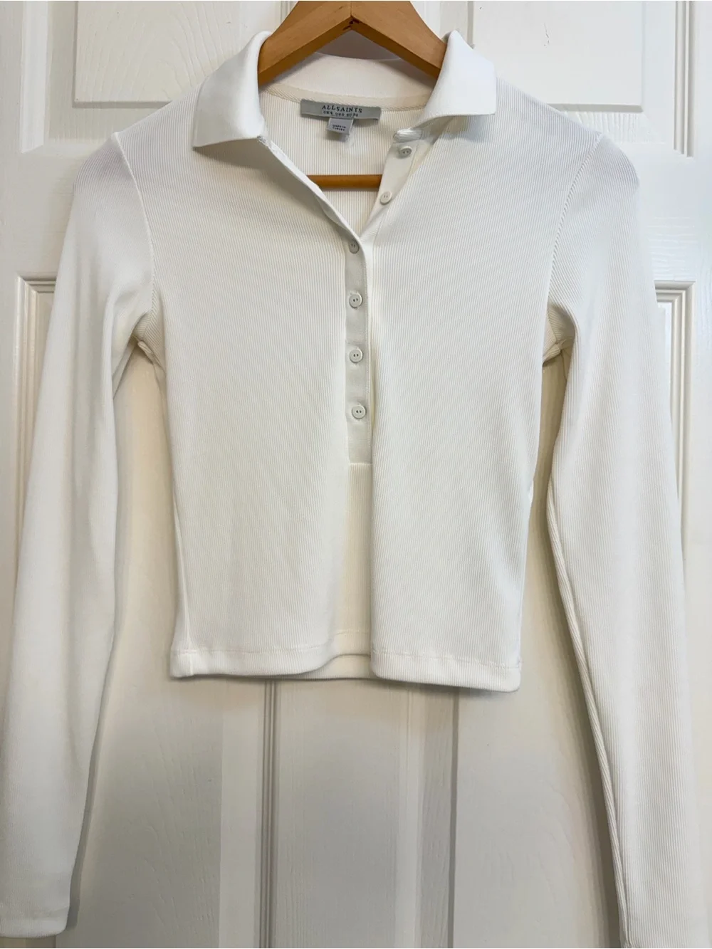AllSaints Cream Ribbed Long Sleeve Polo size XS - Picture 3 of 7